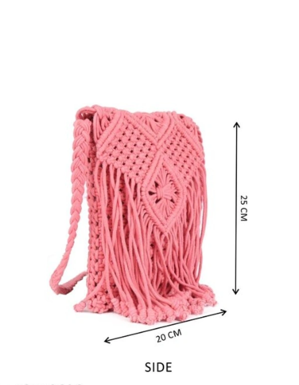 ASTRID Pink  Macrame Sling Bag With Flapover Fringes  -  Free Size, Pink, Macrame, Pack of1